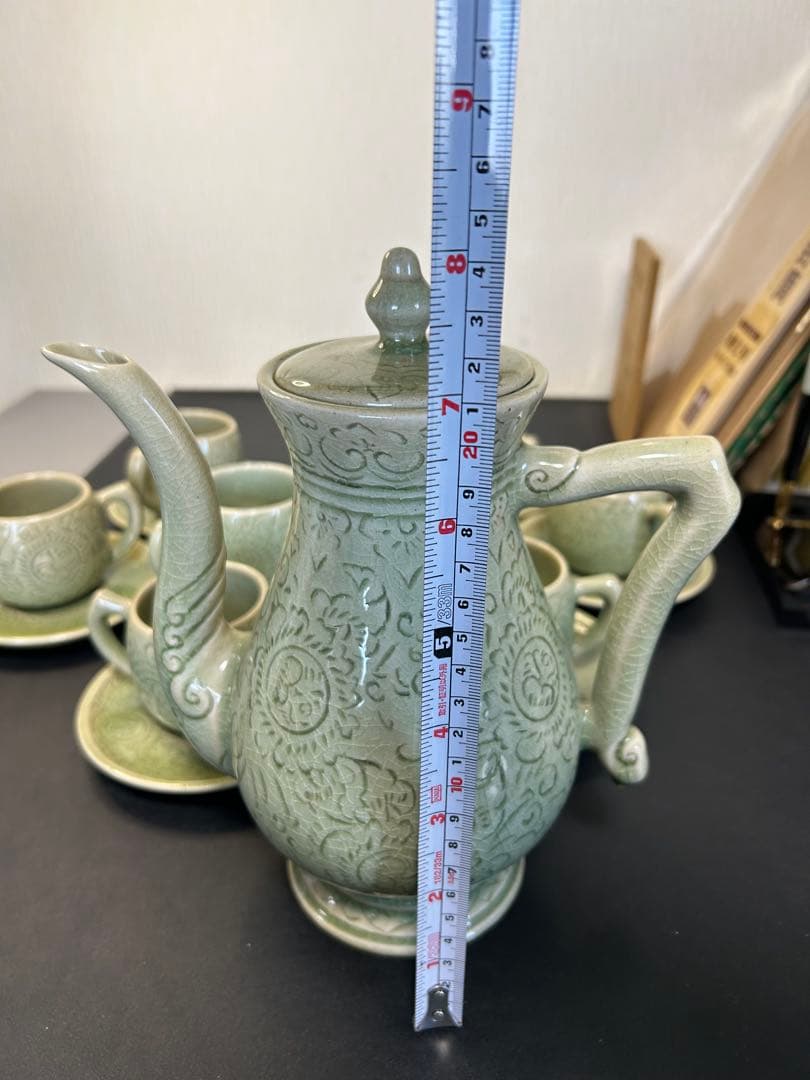 未使用保管品青磁タイセラドン焼きセット　旧家蔵出し、掘出し物、お茶、コーヒー