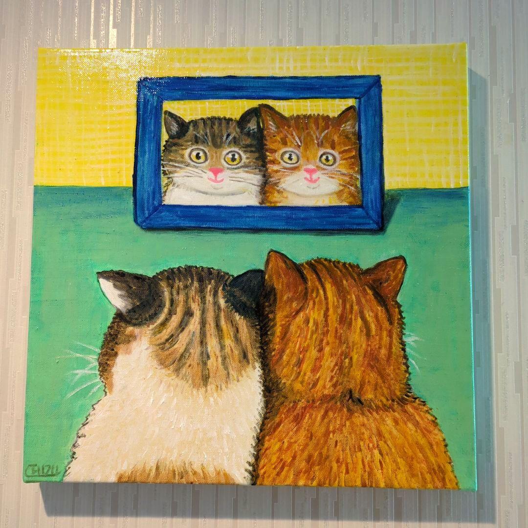 キャンバス油絵　自分の子どものころの写真を見るにゃんこたち