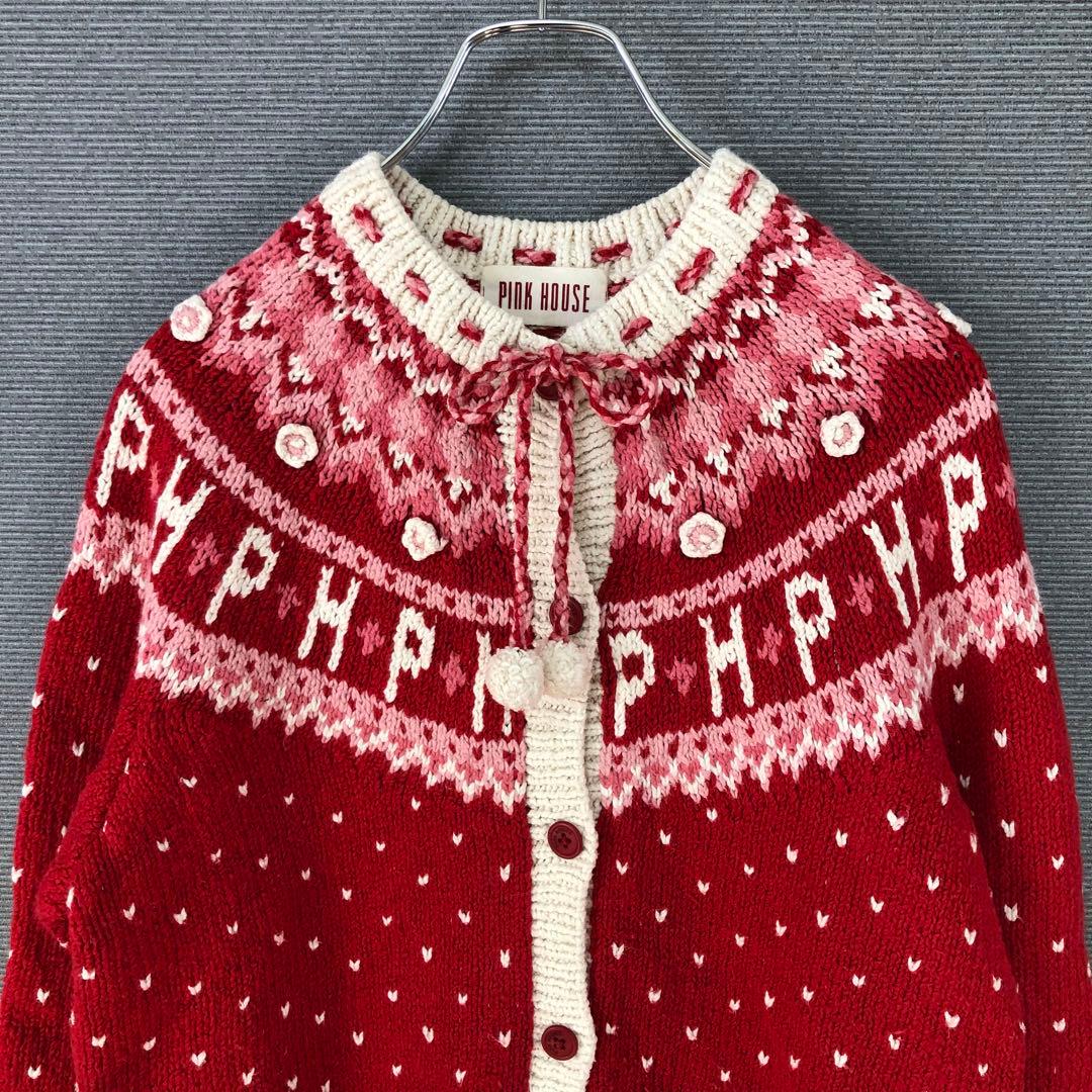 PINK HOUSE 花柄 ハート ノルディック カーディガン レッド