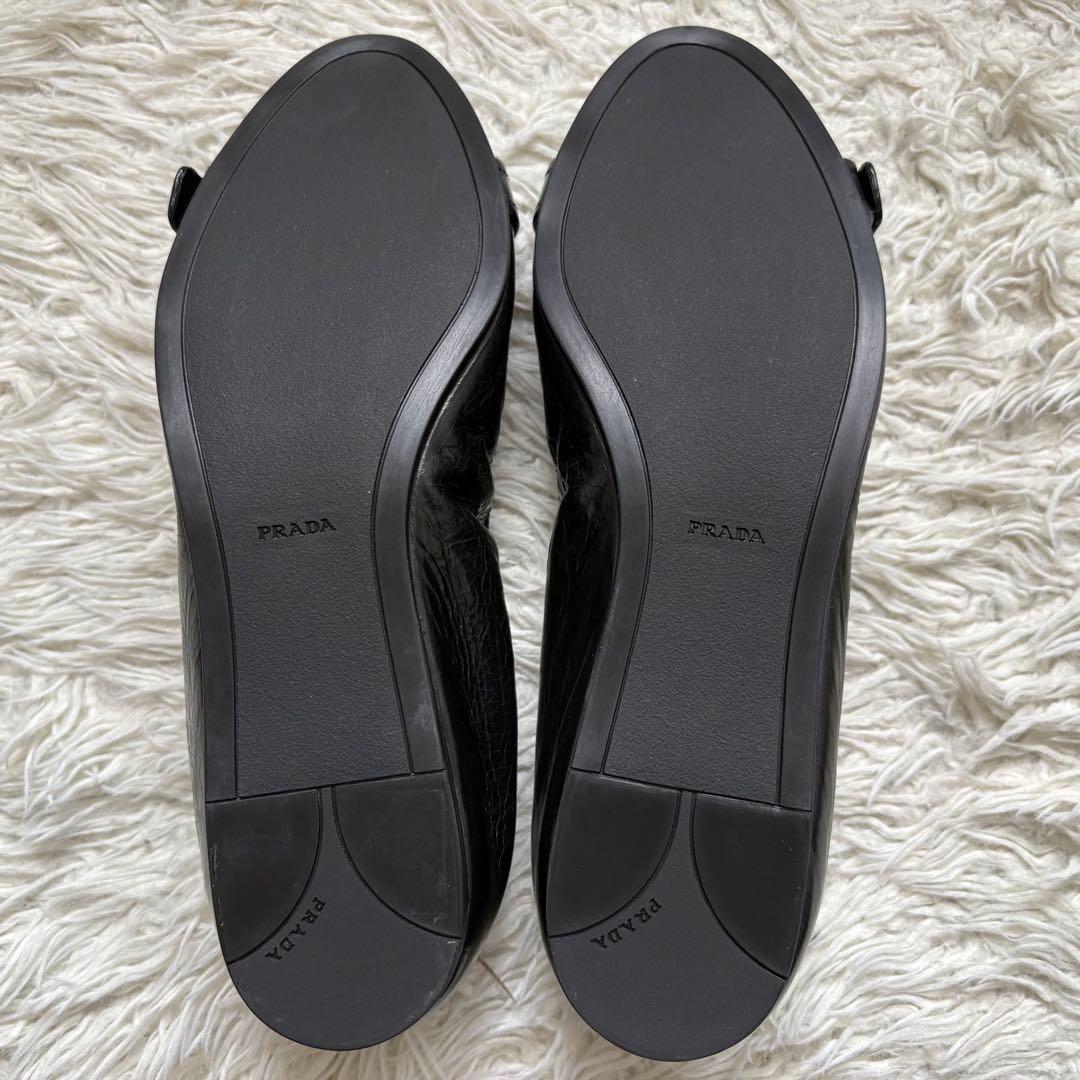 極美品 PRADA バレエ シューズ 黒 38 スタッズ ベルト フラット 靴