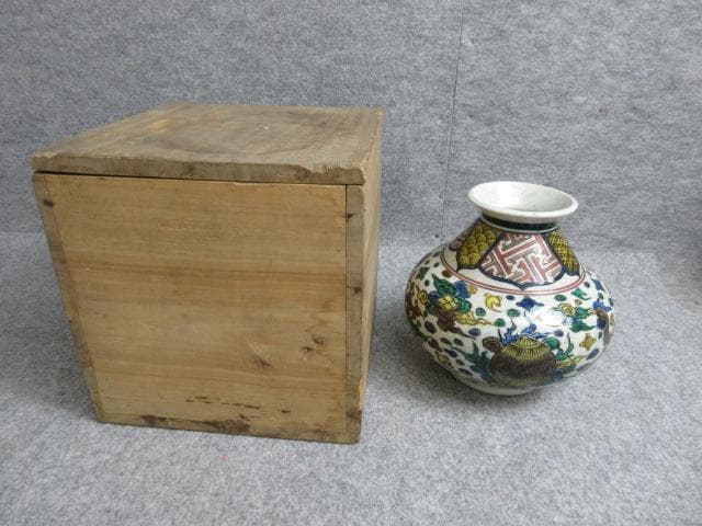 九谷焼二重角福印青手鳳凰図花瓶箱入り [B28230]