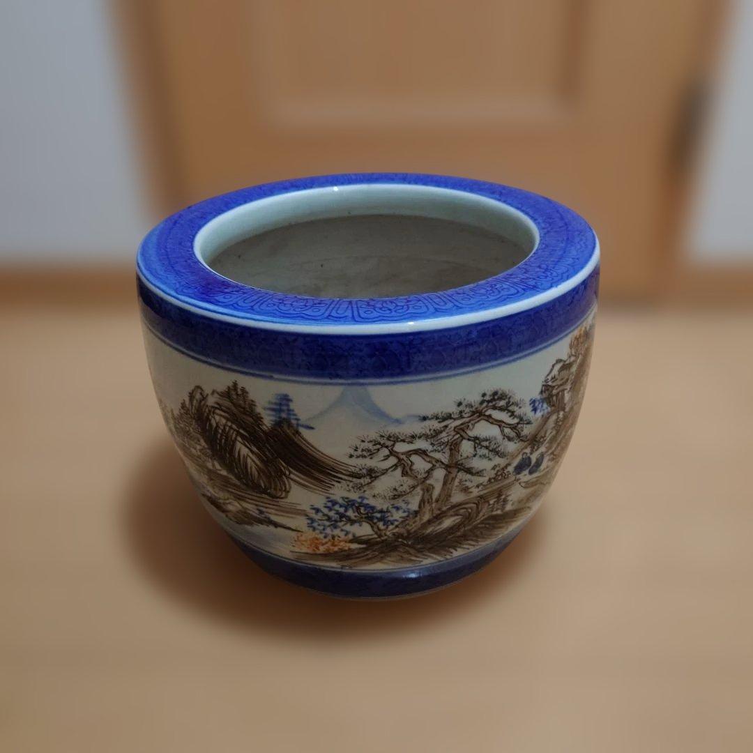 青と白の陶器 火鉢　31cm☓23cm