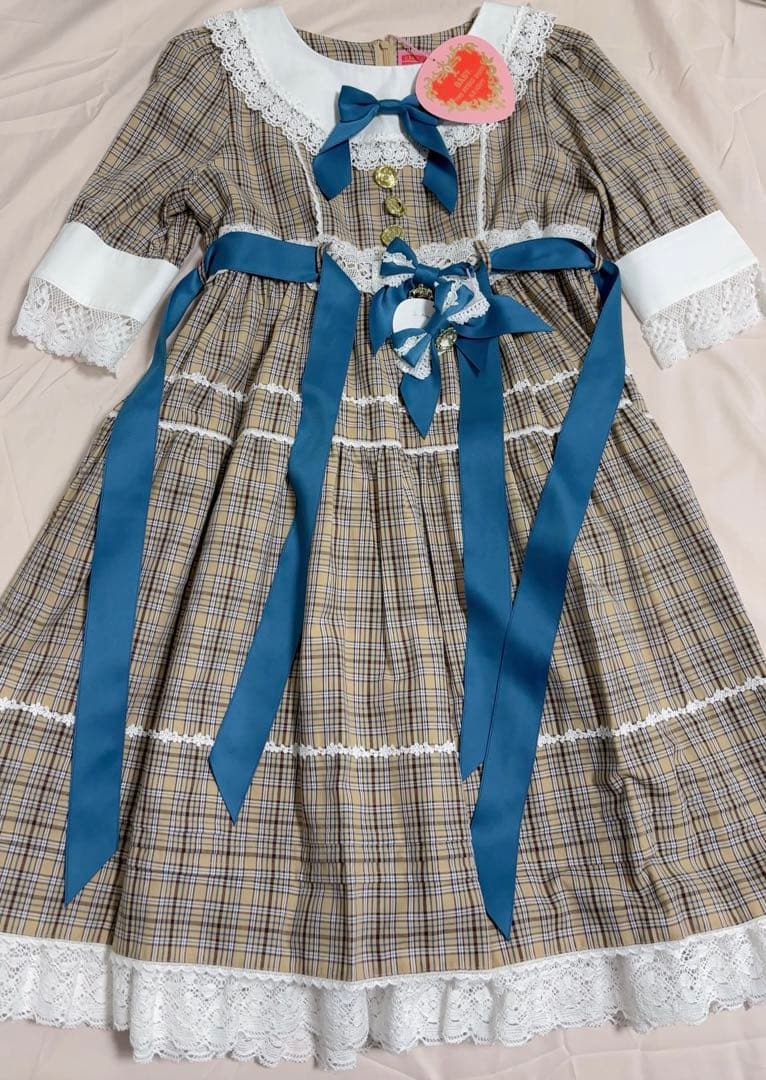 【新品】BABY タータンチェックシャーメイン ワンピース&リボンクリップ