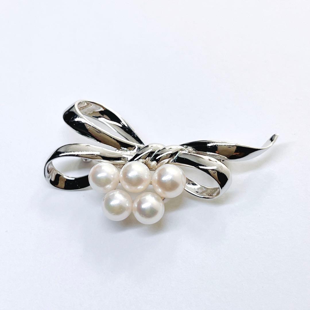 美品✨ミキモト パール　ブローチ　コサージュ　リボン　シルバー