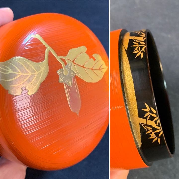 E81 送料無料　筆柿　朱刷目　棗　棗　金彩　漆器　茶道具　茶室　在銘　共箱