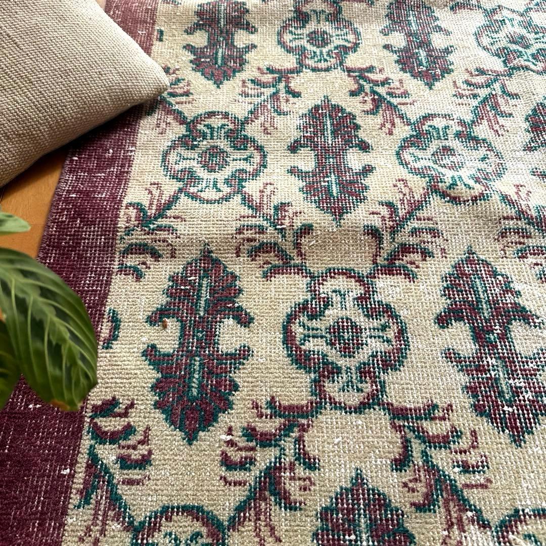 113×198レアえんじ色×グリーン 紋章ボタニカル　トルコヴィンテージラグ