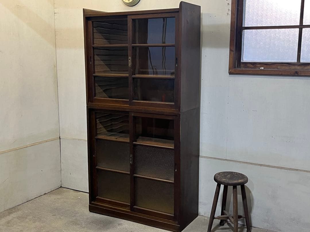 銀*B様 レトロ 木製ガラス戸棚 食器棚 収納 水屋箪笥 キャビネット 本棚