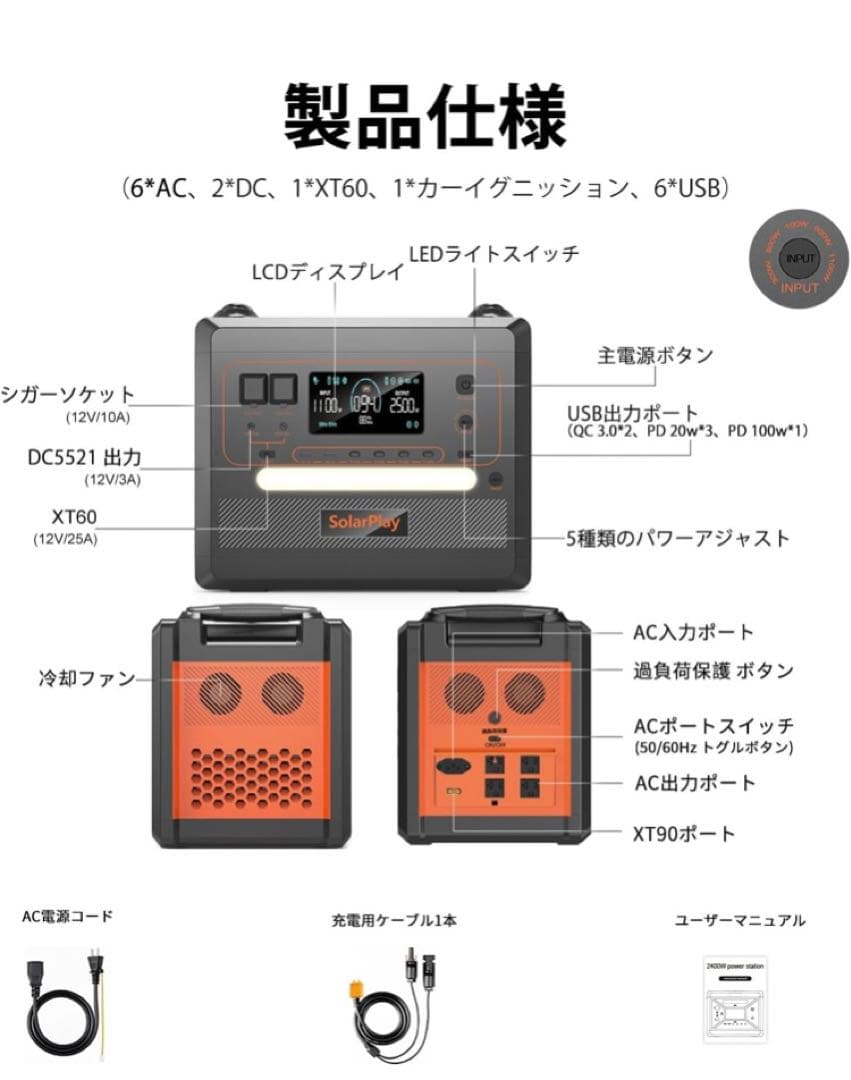 m*a様 SolarPlay ポータブル電源 2300Wh 14ポート
