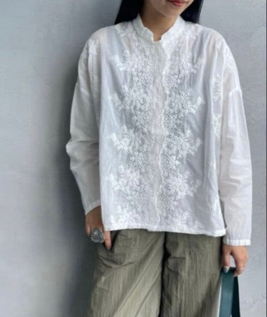 mizuiro ind レーススタンドカラーワイドシャツ