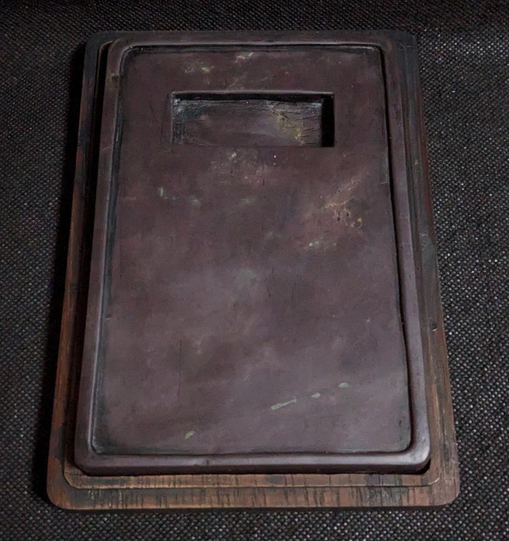 【端渓・方池硯】◆清代◆魚脳砕凍・青花・翡翠紋・金線◆唐木時代箱◆約六吋◆斧柯山