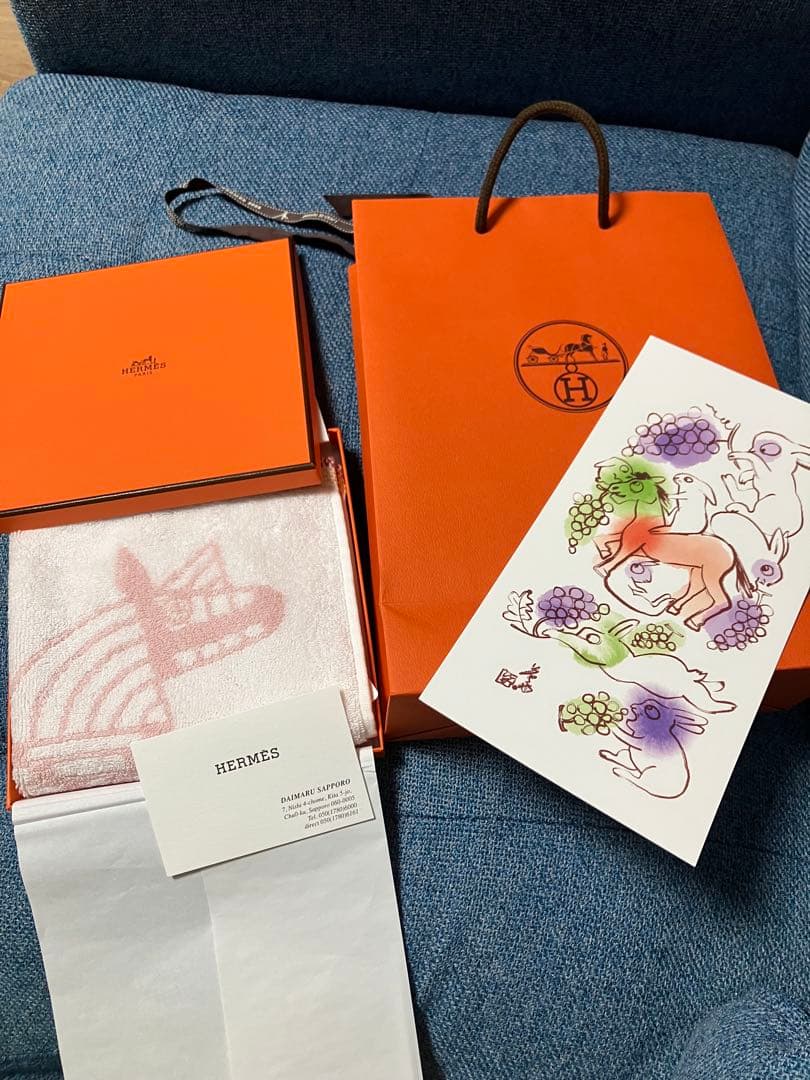 HERMES コットン タオルハンカチ 馬デザイン