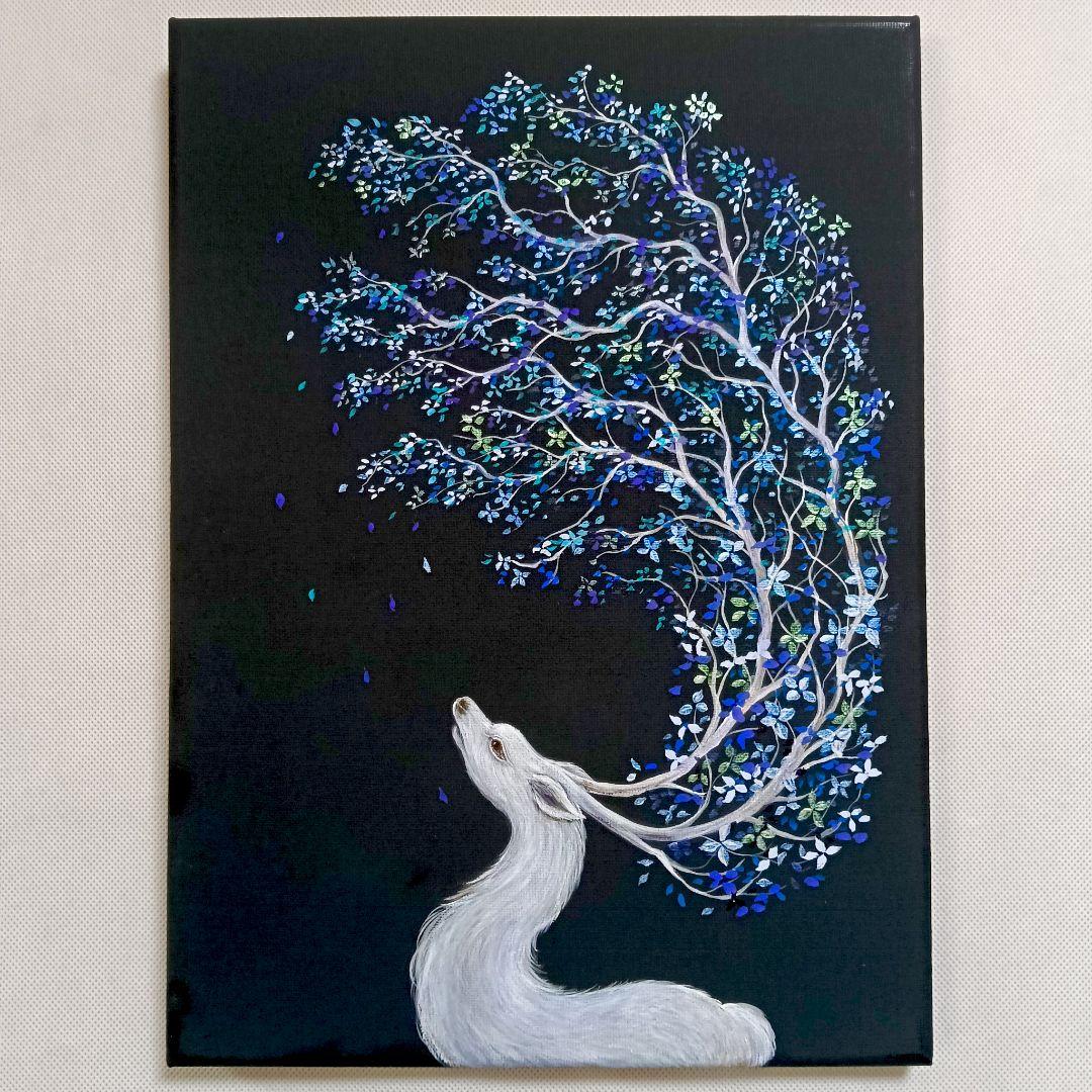 No.522 F4キャンバス アクリル画 原画 鹿神 神獣