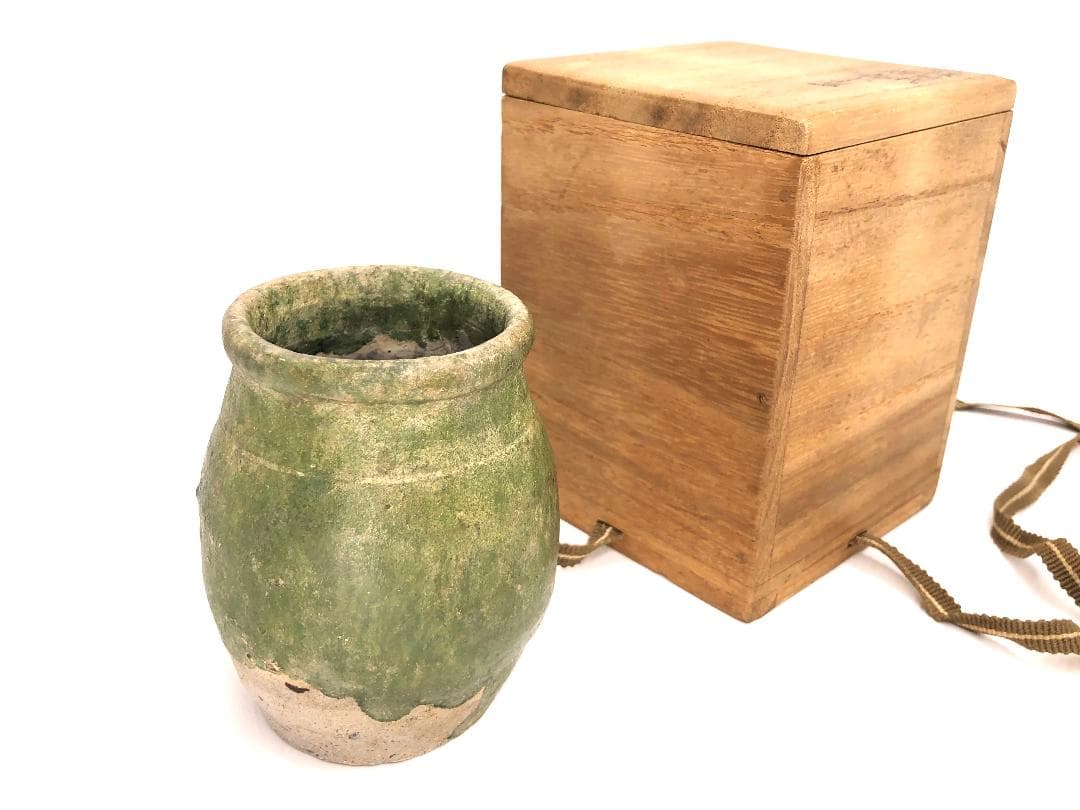 【 漢代緑釉小壺 】　出土文物　注記有　桐箱付