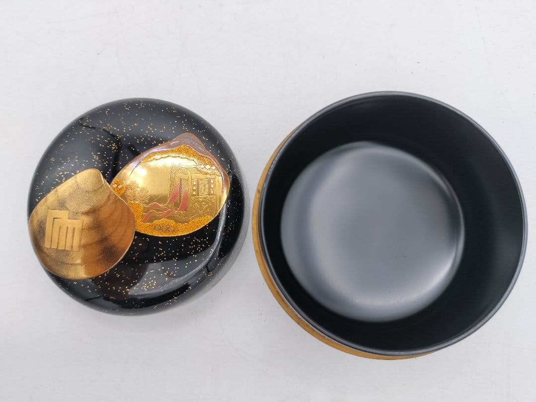 c650 平棗 貝合せ蒔絵 源氏29帖目『行幸』輪島 野井景斉 木箱 茶道 古物