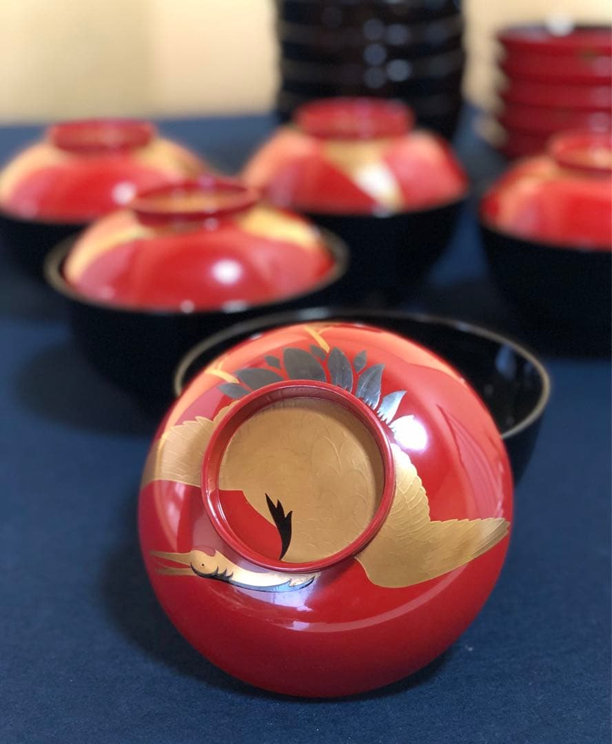 割引❗️《R》日の出椀5客 鶴波蒔絵 吸物椀 木製漆器 時代 251218か1