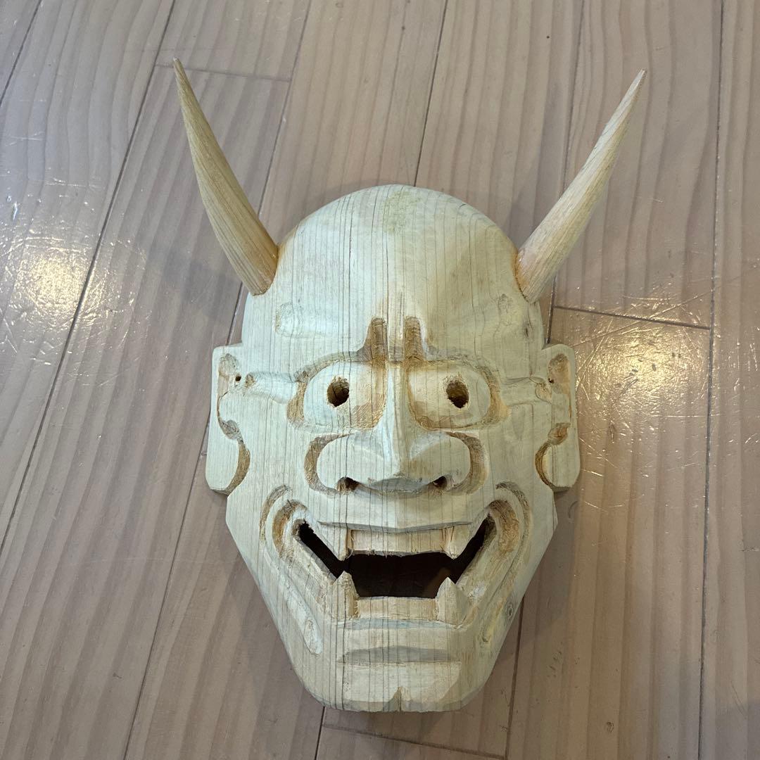 木製 木彫り 鬼の面 能面 般若面 角付き 壁掛け インテリア　伝統　工芸