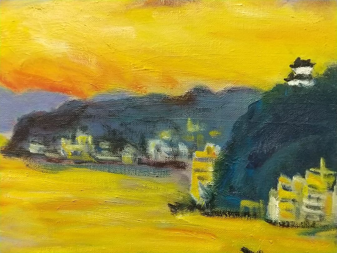 絵画「朝しずか」熱海 真作 F4 1984 油絵 油彩画 風景画 アート