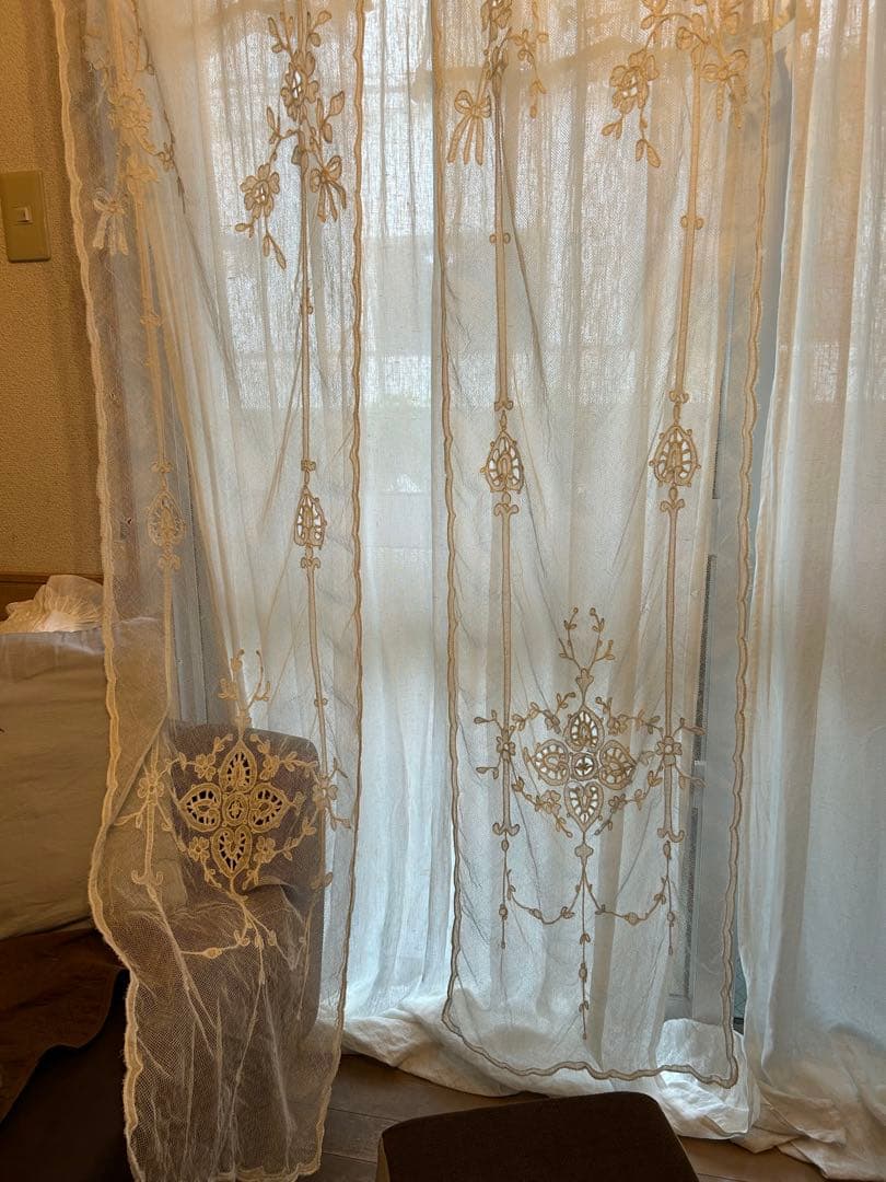 フランスアンティークレース　アンティークレースカーテン　ブロカント　2枚セット