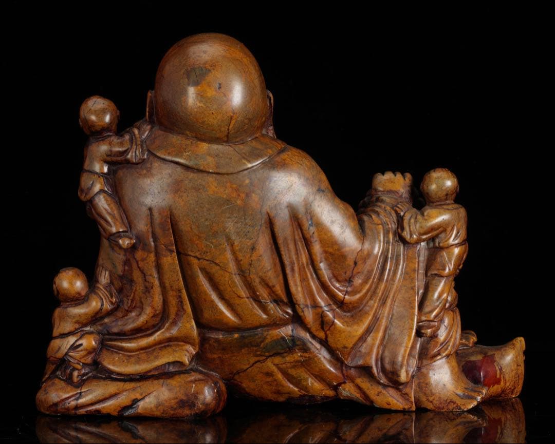 石彫 布袋尊 童子戯れ 置物 高さ21cm 七福神 縁起物 仏像 古美術 骨董品