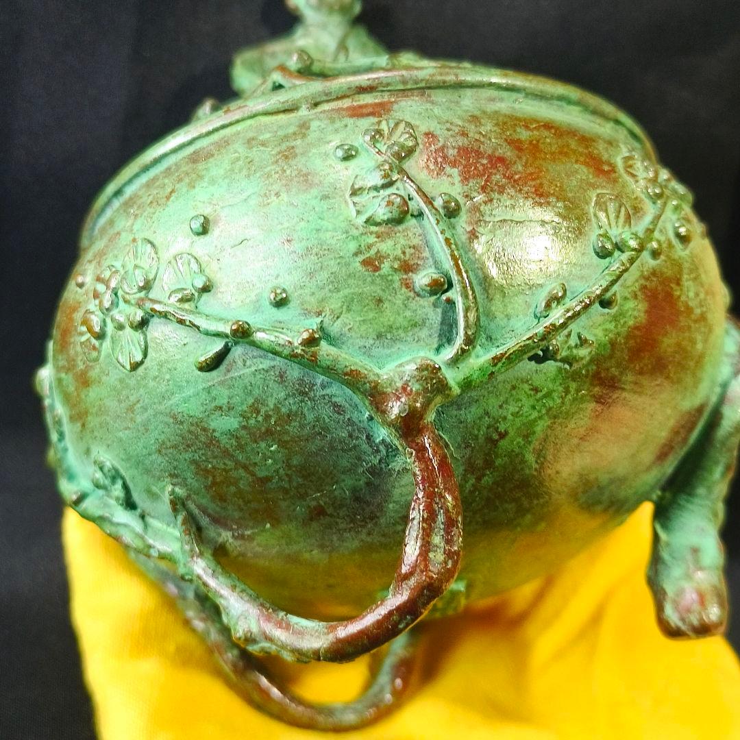 高岡銅器 須賀七郎作 月芳 蝋型鋳銅 香炉 唐子蓋梅文 共箱 証書 栞 時代物