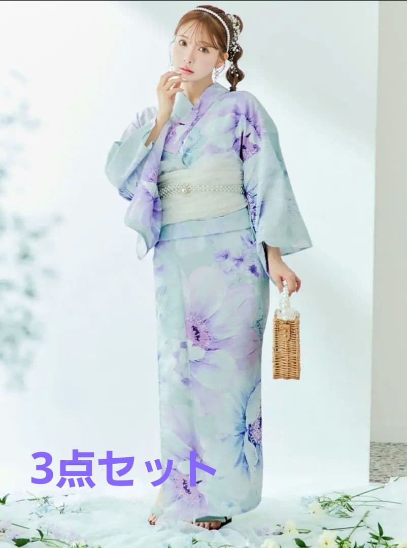 ニュアンスフラワーミント牡丹浴衣 3点セット