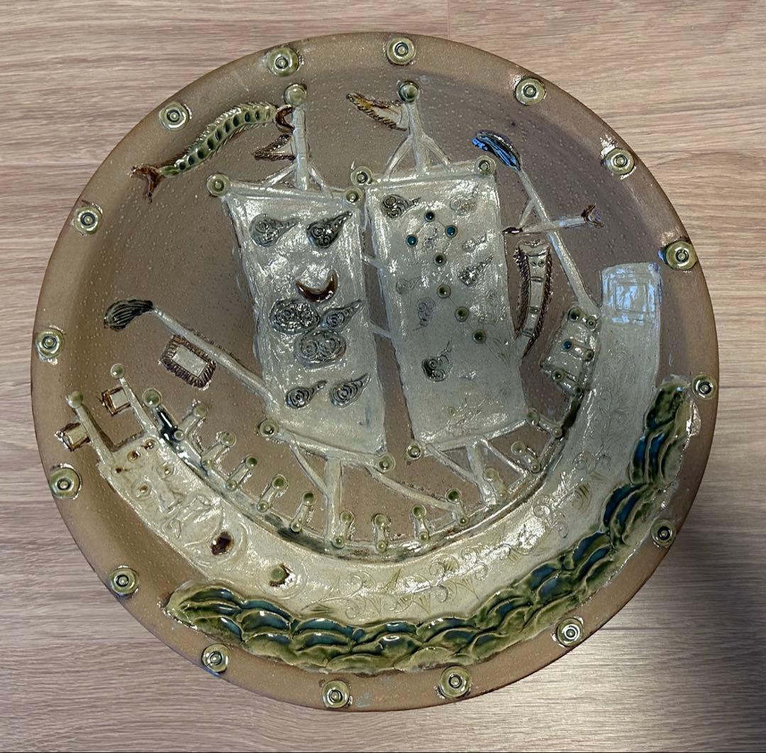 陶芸家名 故 島袋常明 絵皿 龍 鬼 船 魔除 開運 骨董品 古美術 琉球