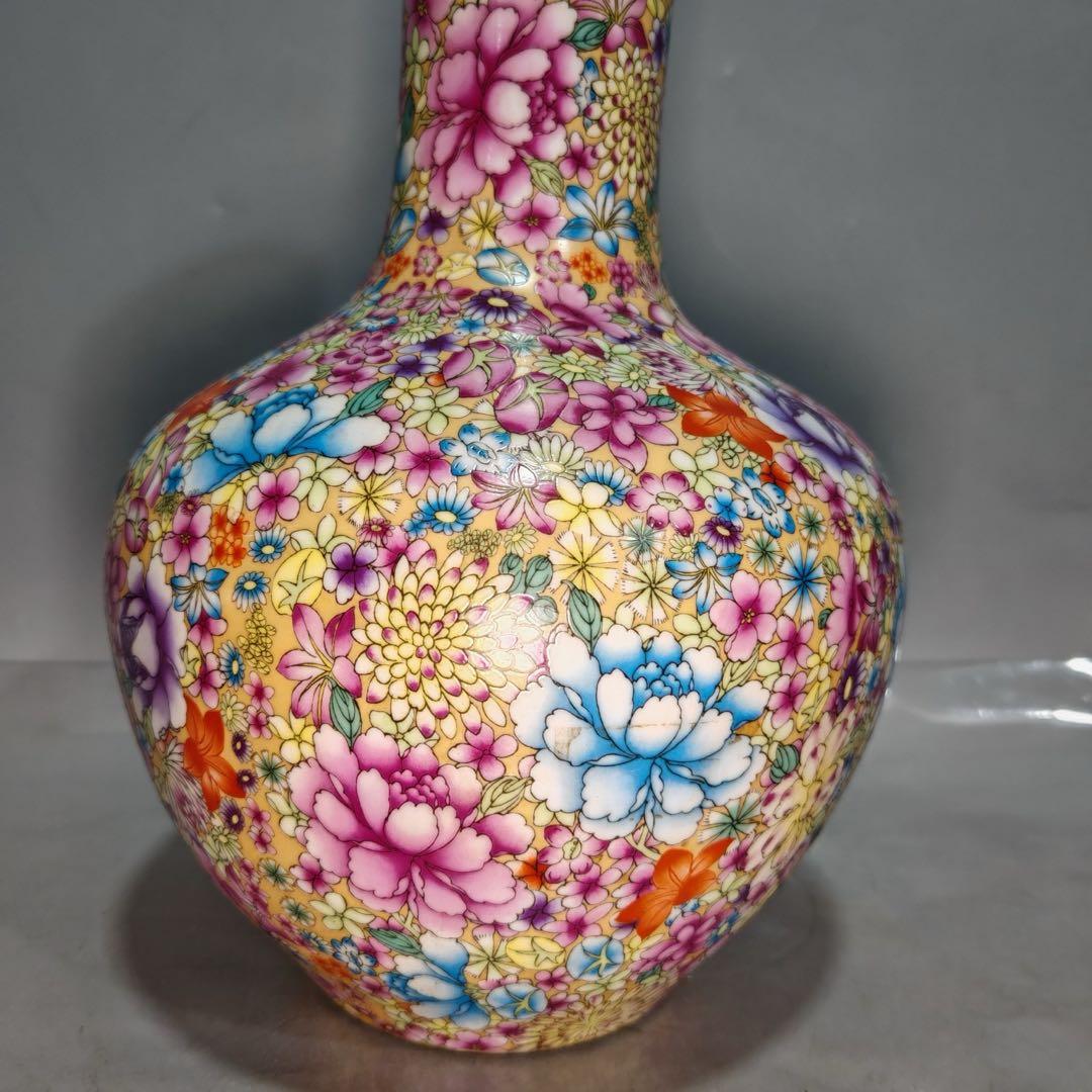 旧家蔵出　清国時代　大型　雍正｜粉彩｜胭脂紅｜万花｜天球瓶 逸品　置物