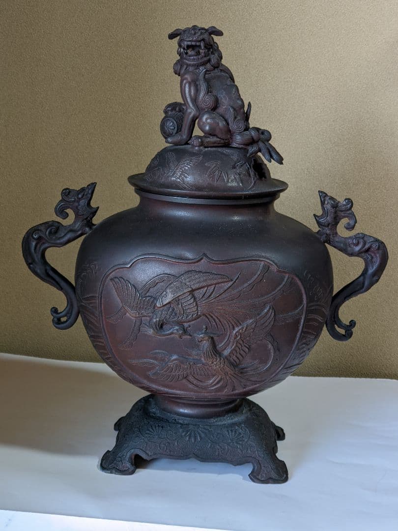 ♦高岡銅器 啓祐作 獅子飾り 鳳凰文 龍双耳 大香炉 唐銅 置物飾り 骨董品