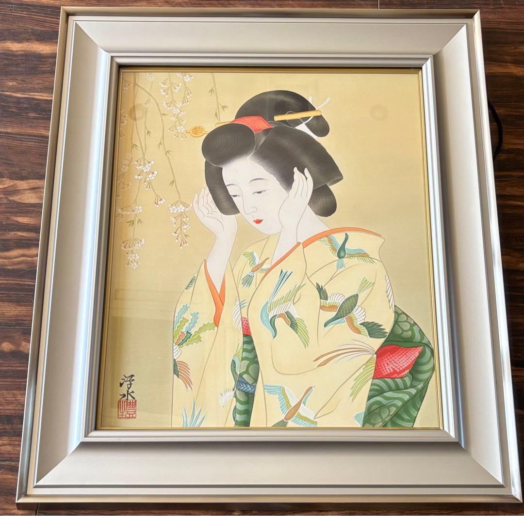 堀江浮水 (堀江豊生) 額装 美人画 真作 日本画 師/伊東深水 絵画 A