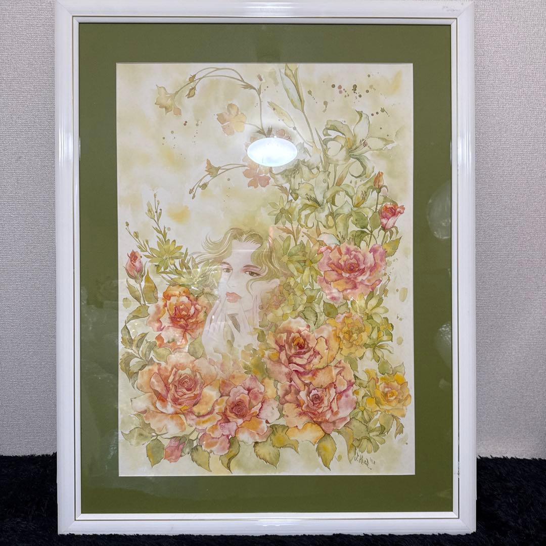 くげ じゅんこ 水彩画 サイン 額縁 付き 90×70cm
