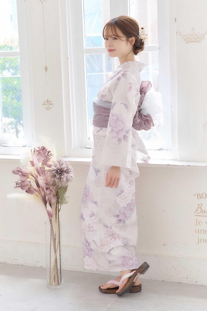薄紫色花柄浴衣・帯セット＋オーガンジー白兵児帯