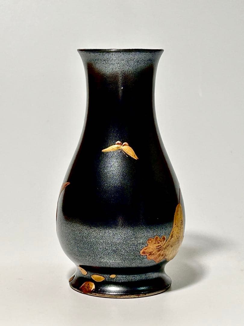 明治の名工 加藤五輔 錆釉蓮雀文小花瓶 瀬戸黒 美濃焼 瀬戸焼