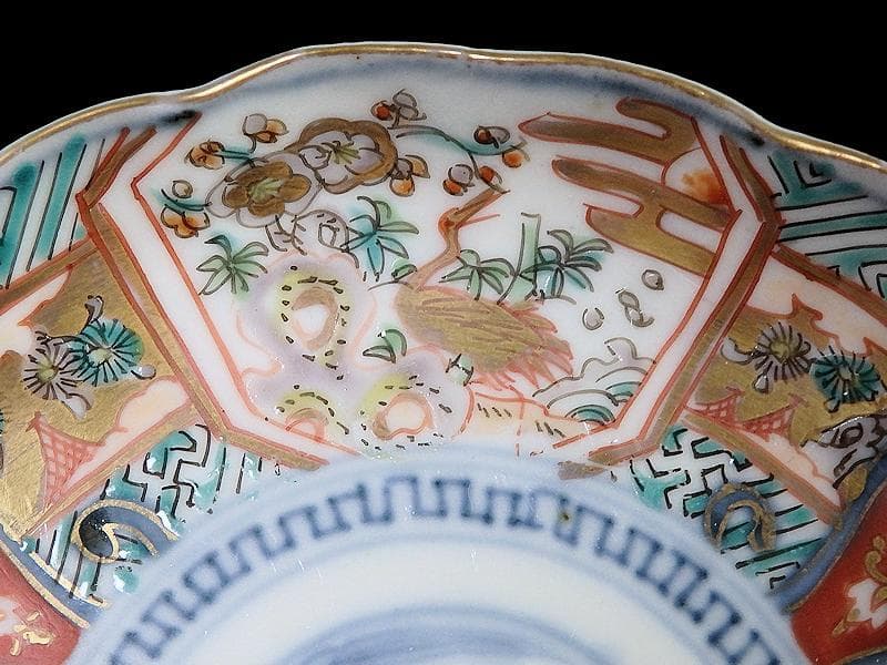 古伊万里　金襴手　鶴に松竹梅の図　４寸皿　２枚　E355AS-CBq