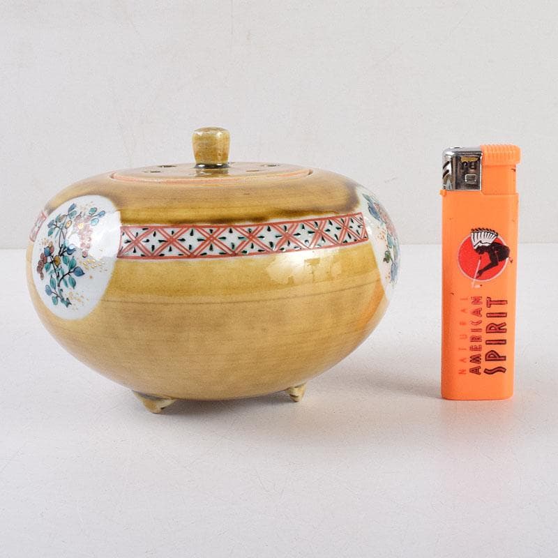 九谷焼　秋塘陶園　中村翠恒作　色絵　丸花文　透かし蓋　香炉　共箱　C　R9250