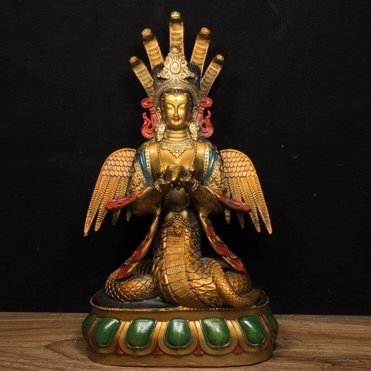 铜制 竜樹仏母 龙胜观音佛像 女娲蛇仙 蛇女 開運 風水 招財 置物 工芸品