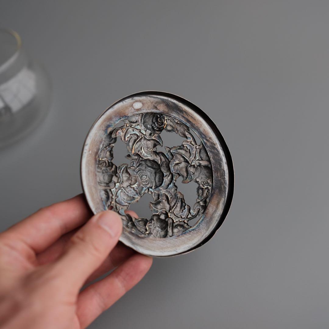 英国アンティーク1920年頃　純銀透かし彫り蓋ガラスポプリジャー 大型サイズ