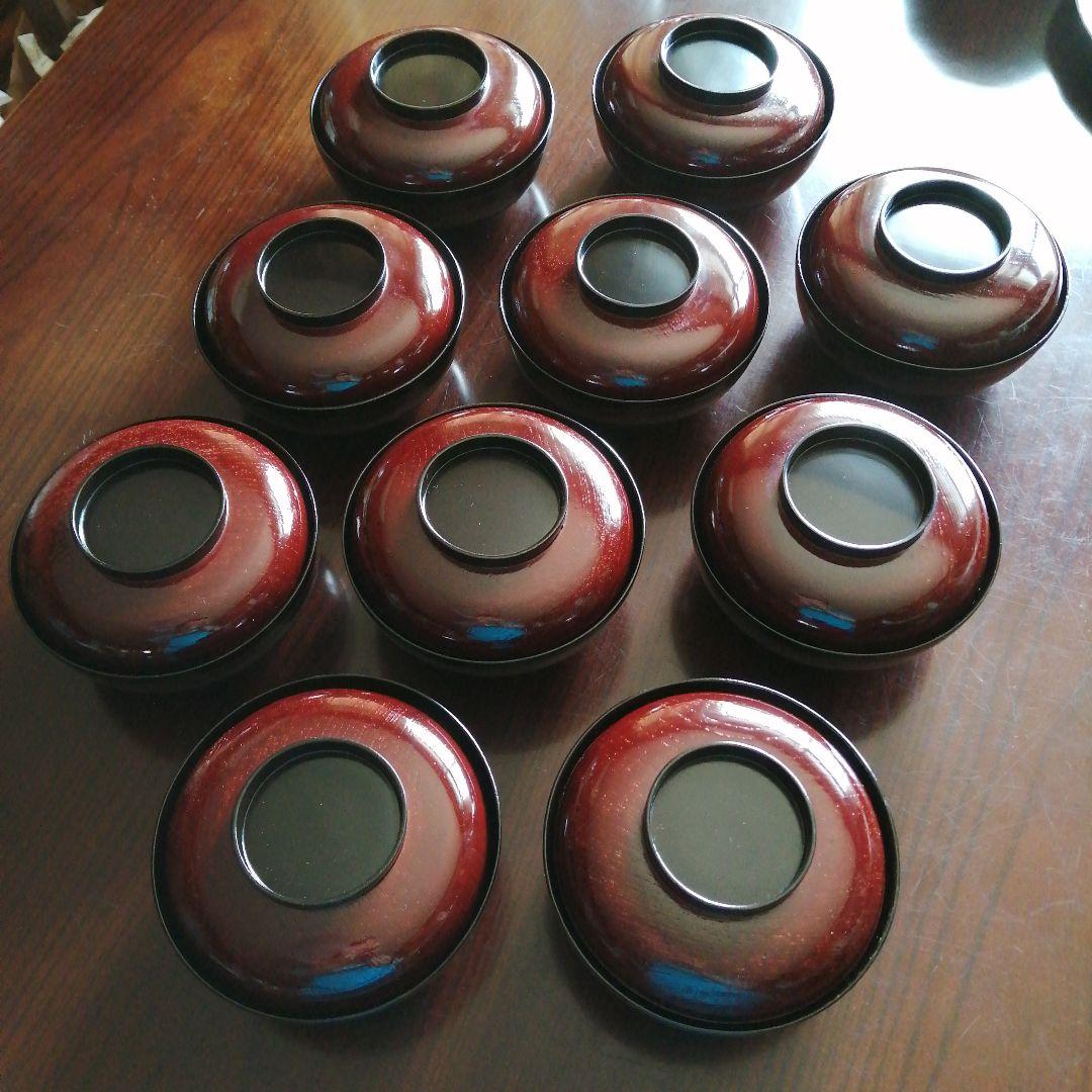 木製漆器　金彩木目蓋付煮物椀　10客　13.5cm　昭和中期