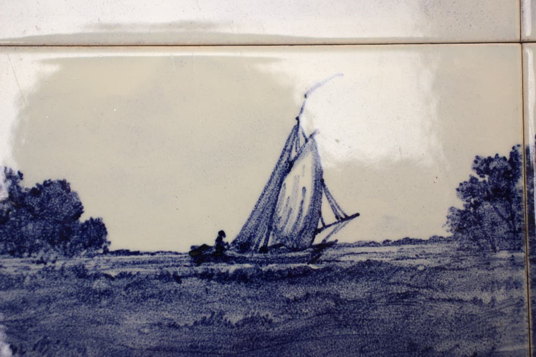 オランダ　デルフト　タイル画　タイルタブロー　額飾り　風車　船