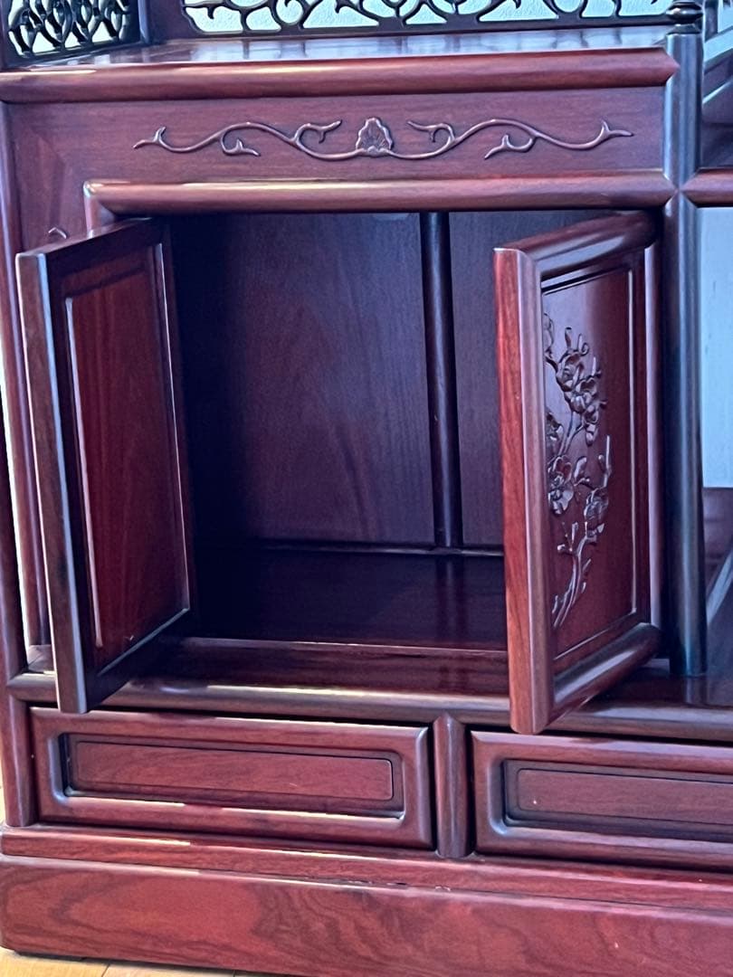 唐木 花梨 茶箪笥 飾り棚 茶棚 違い棚 和家具 木製 彫刻 アンティーク