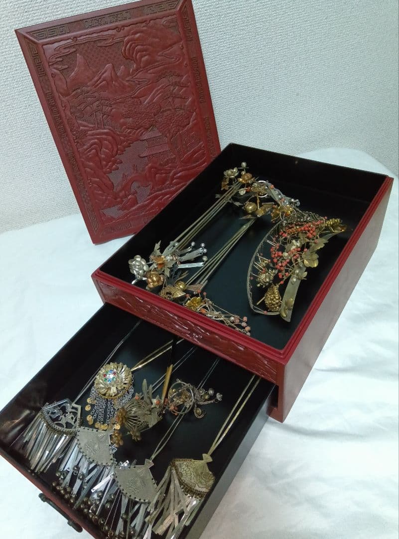 アンティーク　銀びら　かんざし　色々とかんざし入れ　日本髪　珊瑚