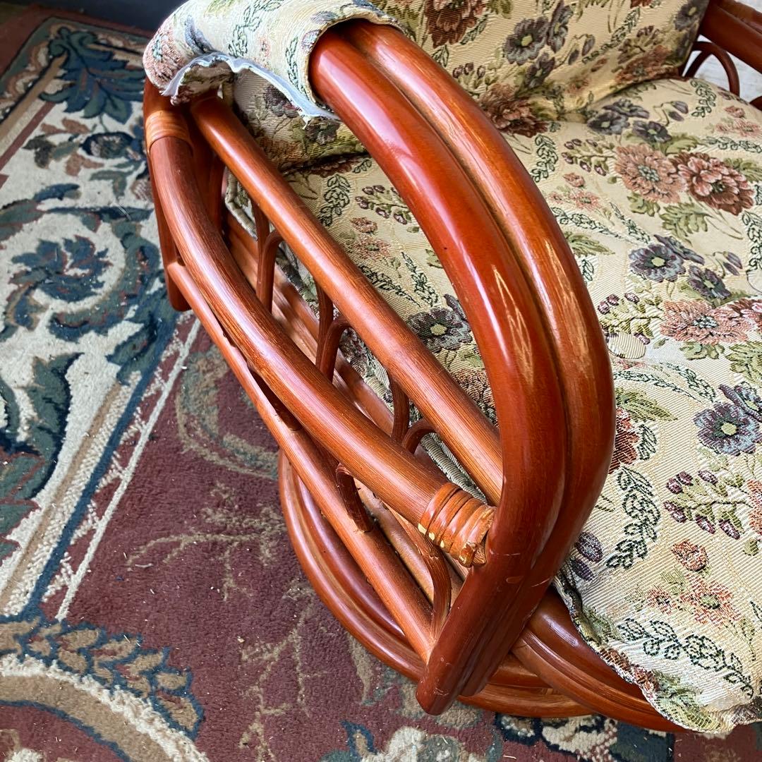 昭和レトロ 花柄ゴブラン織り 回転式ラタンリクライニングチェア アームチェア