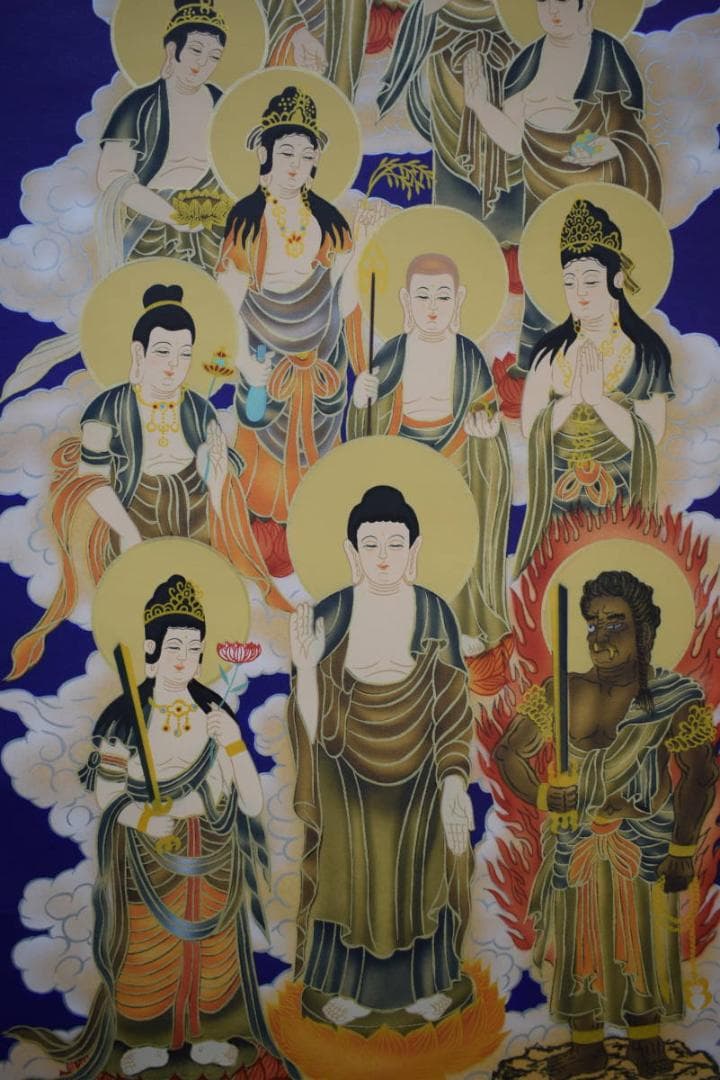 真作/片山白樹/十三佛図/不動明王/タトウ箱付/布袋屋掛軸HJ-627