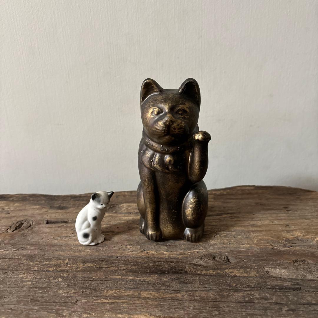 アンティーク　金属製の招き猫　縁起物　古道具　骨董品　福助人形　眠り猫　検:李朝