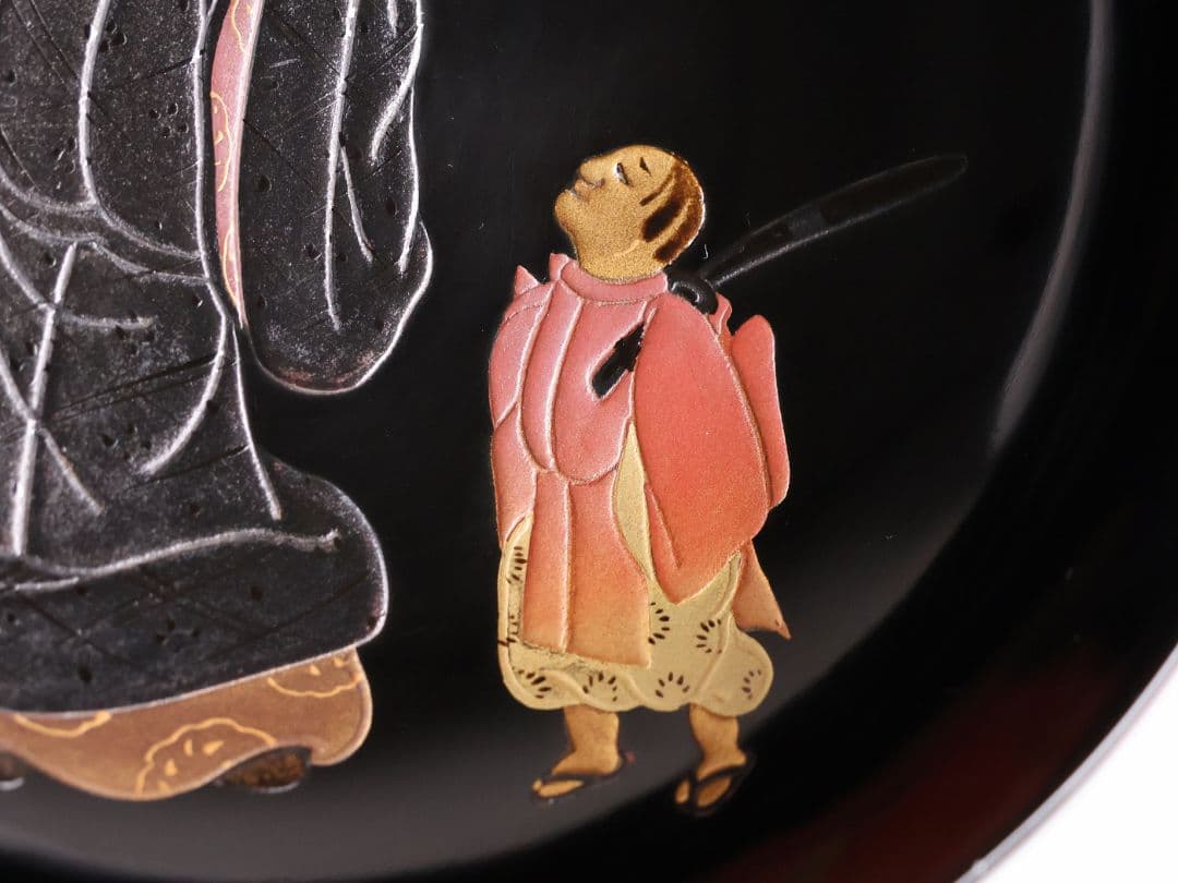 【MB197】輪島塗 天然木漆塗 黒塗椀 五客 蒔絵 大和絵 源氏絵 人物 昭和