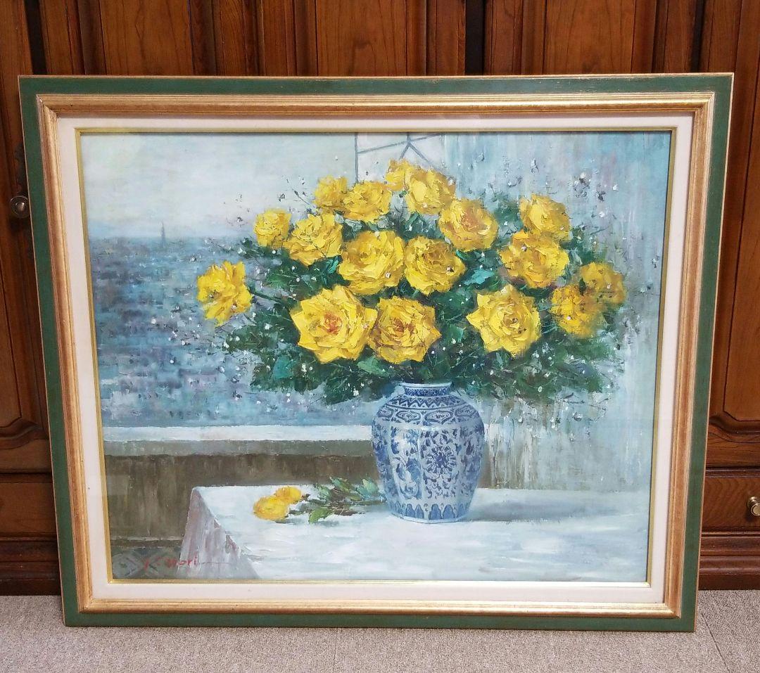 窓辺の薔薇 堀哲夫 黄色のバラの油彩画 大作