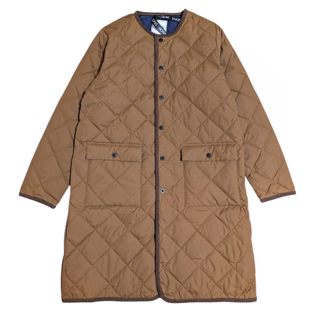 新品 タイオン パイピングクルーネック ロングダウンコート ブラウン XL