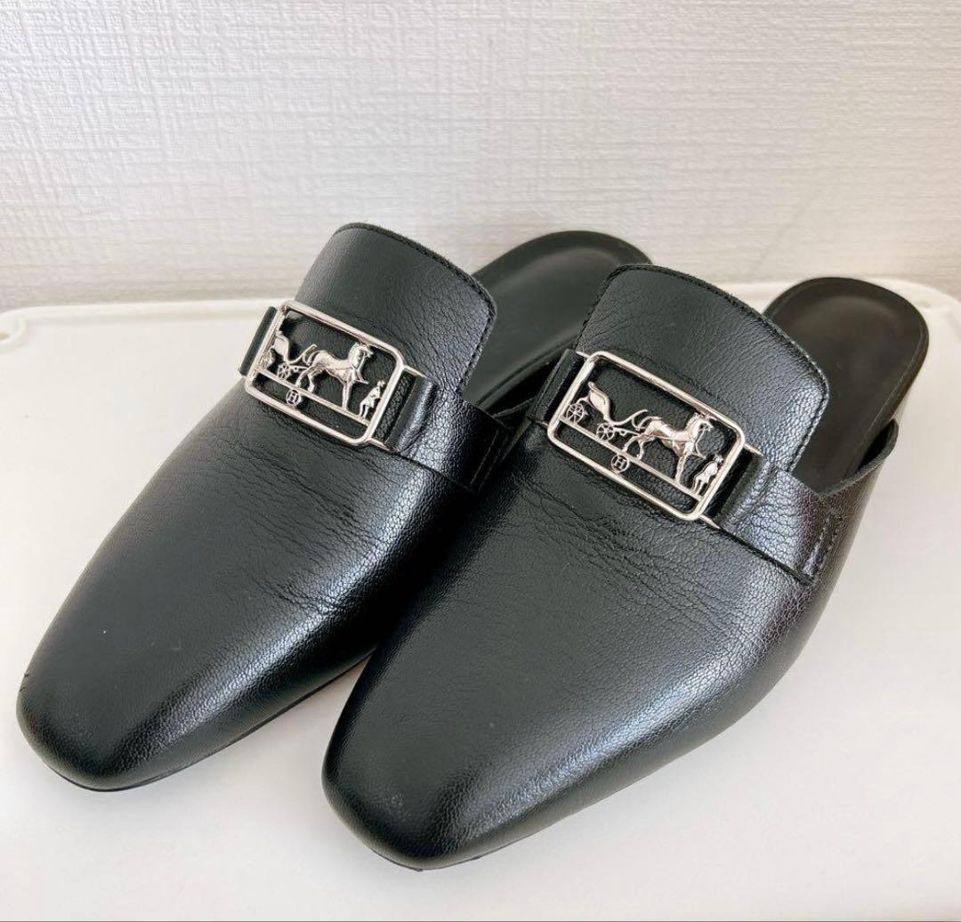 極美品 エルメス ミュール シルバー金具 ブラック レザー