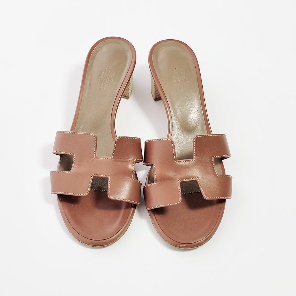 HERMESエルメス オアジスレザーミュール Hモチーフ　ブラウン系36 1/2