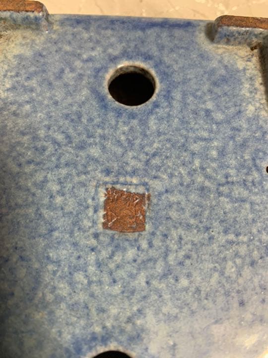 落款有り　長方　青　盆栽鉢