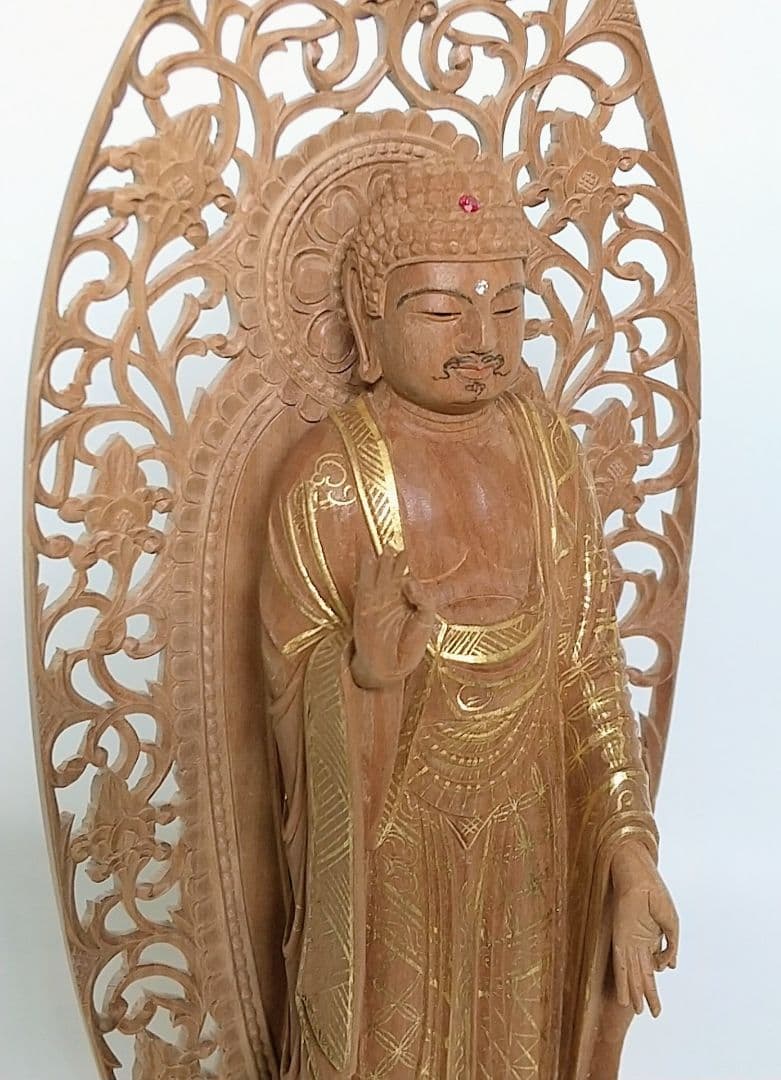阿弥陀如来立像 4.5寸 #456 円台座 宝相華唐草 透彫り◆白檀 木彫 仏像